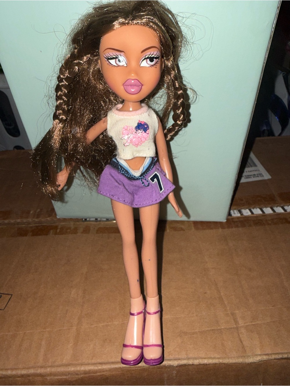 Bratz early 2000s Brunette Fashion Doll with Purple Skirt and Pink Shoes